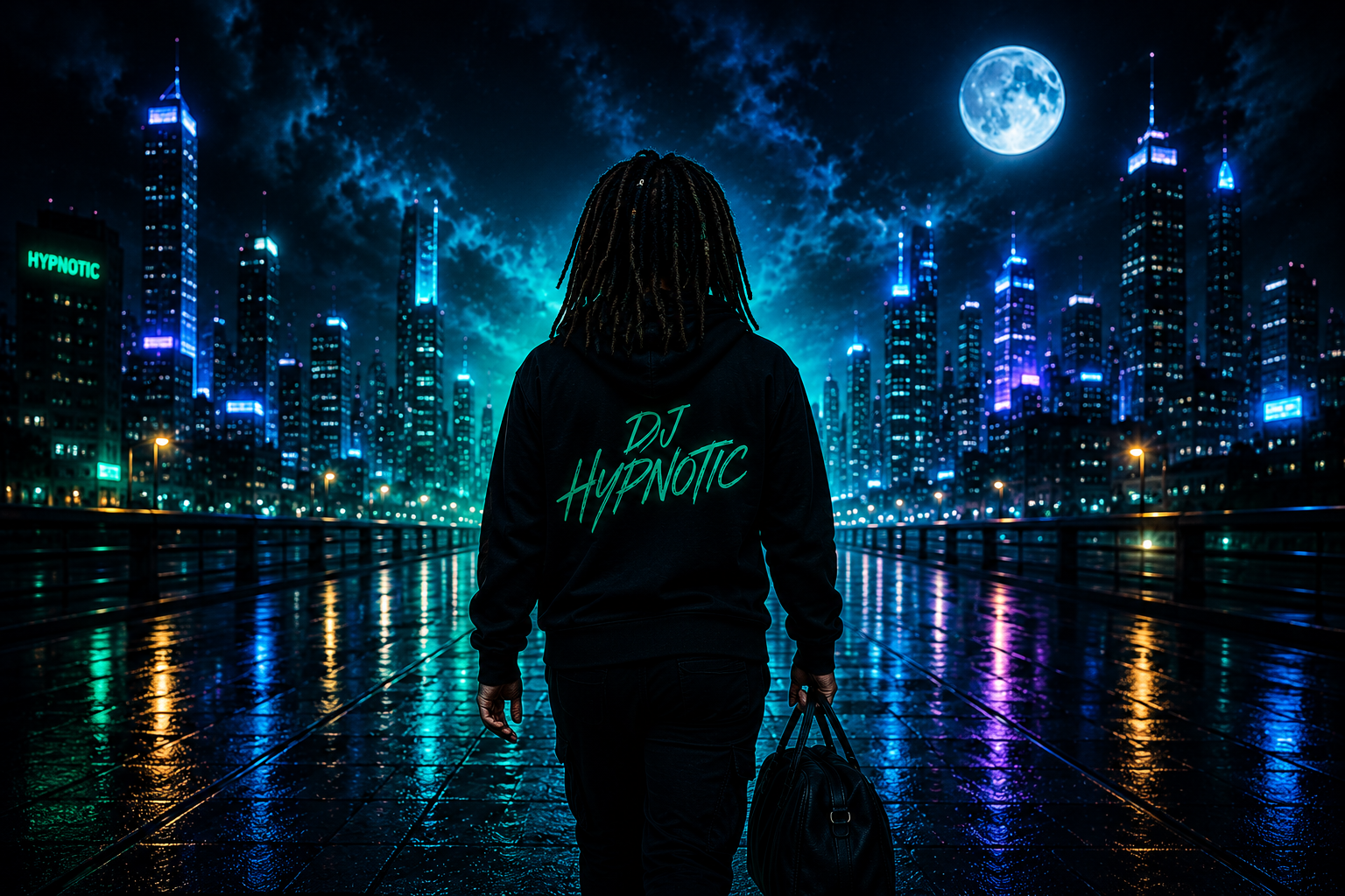 DJ Hypnotic walking through a neon city